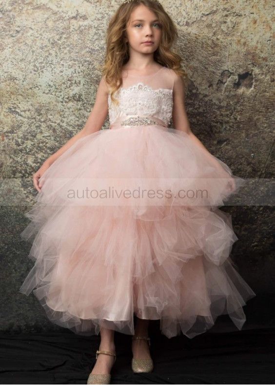 Beaded Blush Pink Lace Tulle Layered Flower Girl Dress